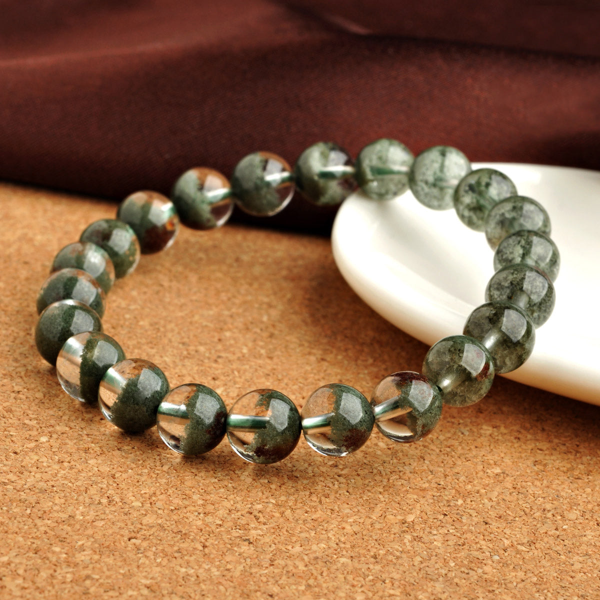 Green Lodolite Quartz Bead Bracelet - Grade AAA