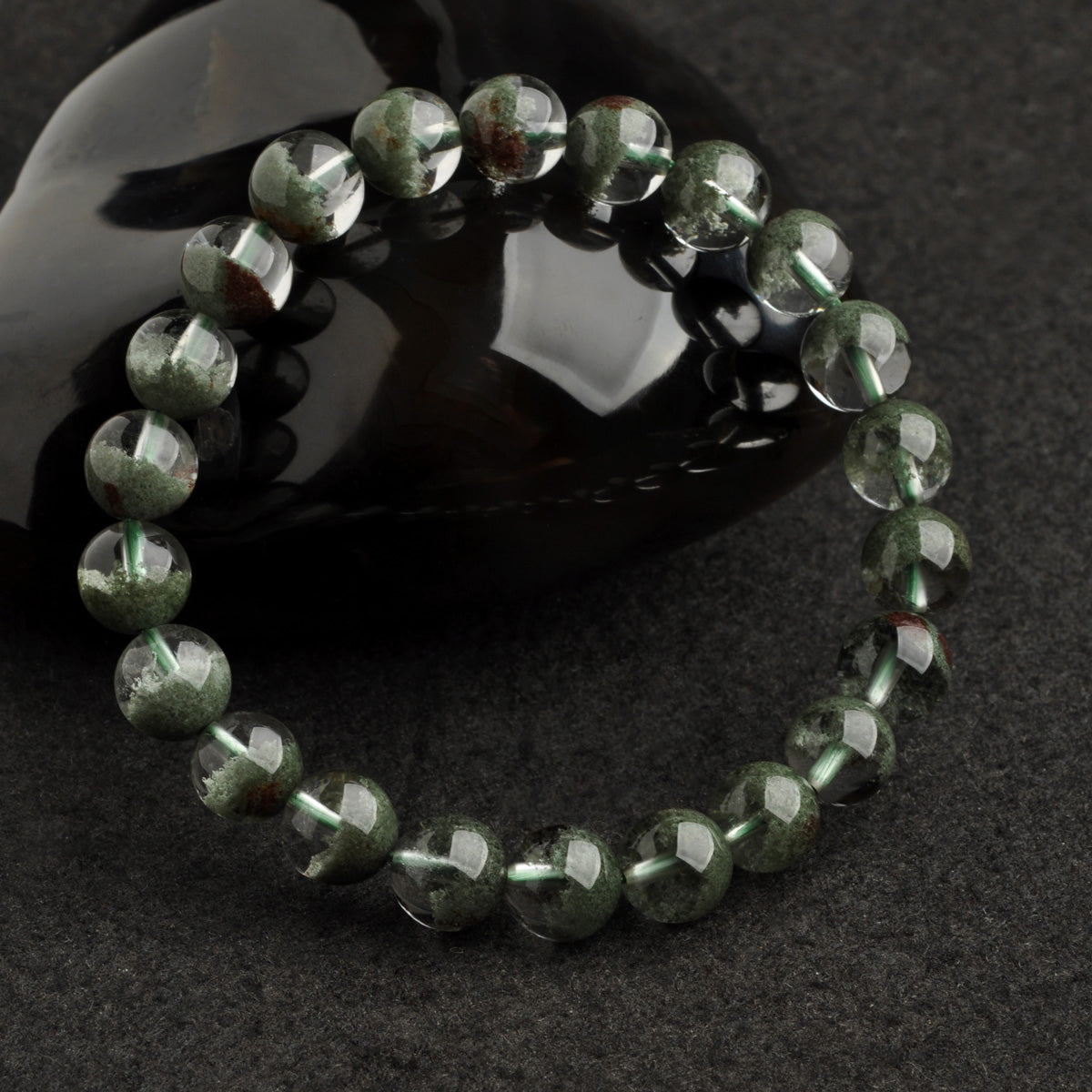 Green Lodolite Quartz Bead Bracelet - Grade AAA