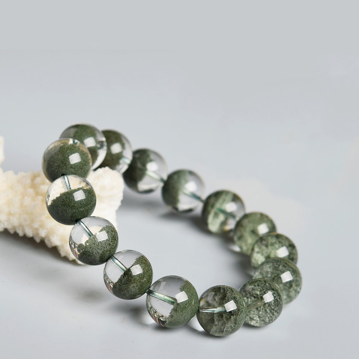 Green Lodolite Quartz Bead Bracelet  - Grade AA